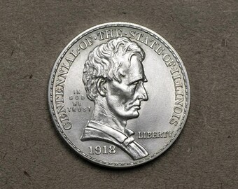 1918 Lincoln Illinois Centennial Half Dollar, Old US Silver Commemorative Coin, Antique American Coin Collection, Vintage Collectible Coins