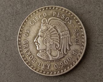 1948 Mexican Aztec 5 Pesos Silver Coin, Vintage Coin Collection, Mexico Eagle Dollar Ancient Coin, Old Coins for Collectors