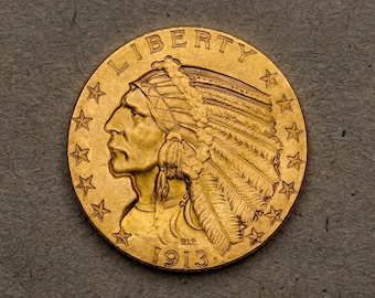 1913 5 Dollar Gold Coin, Rare Indian Head Half Eagle Coin Collection, Vintage American Old Coins for Collectors, US Commemorative Coin