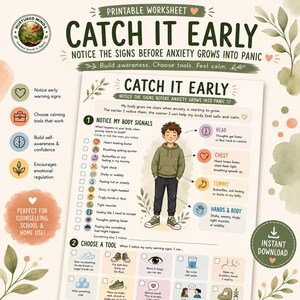 Kids Anxiety Panic Attack Worksheet | Coping Skills, Body Signals (Digital Download)