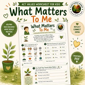 Op de afbeelding: Een ACT-waardenwerkblad voor kinderen getiteld What Matters To Me, met secties voor het identificeren van persoonlijke waarden, het definiëren van karaktereigenschappen en het plannen van kleine stappen, versierd met plantillustraties.