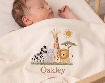 Custom Embroidered Knit Baby Blanket,Personalized  Animal Baby Name Blanket,Safari Animals Blanket,Custom Newborn Gift,Baby Shower Present,