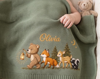 Personalized Embroidered Animal Baby Blanket,Custom Name Deer Bear Fox Nursery Blanket,Coming Baby Blanket,Baby Knit Keepsake,Baby Show Gift