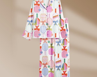 Pijama de satén con mangas de pickleball y pala de pickleball para mujer