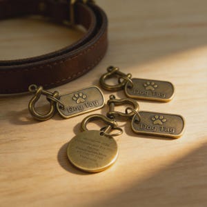 Op de afbeelding: Close-up van verschillende bronzen hondenpenningen met een pootafdrukontwerp en de tekst "Dog Tag". Eén penning is rond en heeft gegraveerde tekst. Een bruine leren halsband voor honden is op de achtergrond. Op een houten oppervlak.