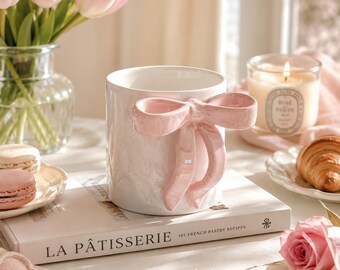 Taza de cerámica con lazo rosa de ensueño, taza de café coqueta, regalo, vajilla estética para café, té o cacao, linda taza de regalo para ella, decoración femenina para el hogar