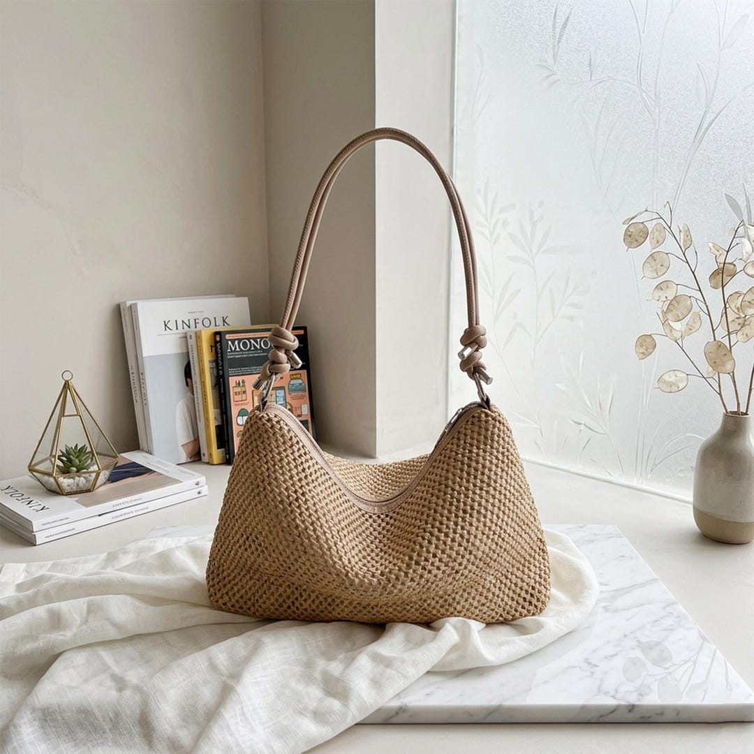 Rattan Straw Tote Bag, Handmade Woven Handbag, Large Capacity Beach Bag ...