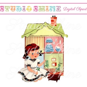 Vintage Digital Clipart - Girl with Dollhouse - Printable Image Cute Little Girl Clip Art - Instant Download Personal and Commercial Use