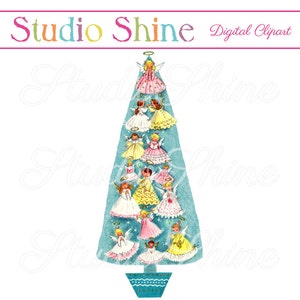 Vintage Digital Clipart - Christmas Tree with Angels - Cute Girl Clip Art Instant Download Printable Image Personal and Commercial Use