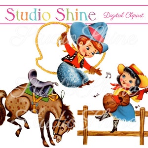 Vintage digitale Clipart - Yee-Hah Fun - schattige kleine Cowboy Cowgirl en paard Clip Art Instant Download afdrukbare persoonlijk en commercieel gebruik