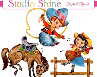 Vintage Digital Clipart - Yee-Hah Fun - Cute Little Cowboy Cowgirl and Horse Clip Art Instant Download Printable Personal and Commercial Use