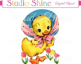 Vintage Digital Clipart - Duck with Tulips - Printable Image Cute Little Bird Clip Art - Instant Download Personal and Commercial Use