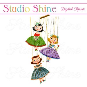 Vintage digitale Clipart - marionetten - schattig klein meisje Clip Art Instant Download afdrukbare Image - persoonlijk en commercieel gebruik