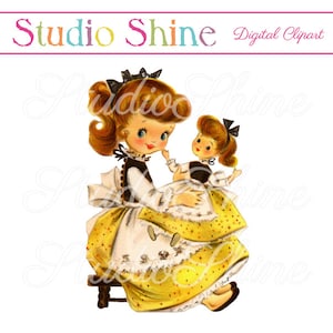 Vintage Digital Clipart - Mädchen mit Puppe - druckbare Bild niedliche kleine Mädchen ClipArt - Instant Download privaten und gewerblichen Einsatz