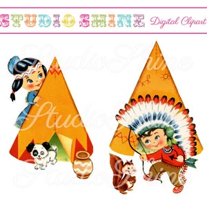May include: Two children dressed in Native American attire, one standing next to a teepee and holding a bow and arrow, the other peeking out from behind a teepee. A small dog and a squirrel are also in the image.