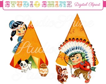 Vintage Digital Clipart - Teepee Fun - Cute Little Girl and Boy Clip Art Instant Download Printable Image Personal and Commercial Use