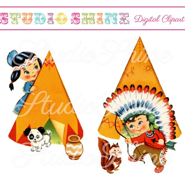 Vintage Digital Clipart - Teepee Fun - Cute Little Girl and Boy Clip Art Instant Download Printable Image Personal and Commercial Use