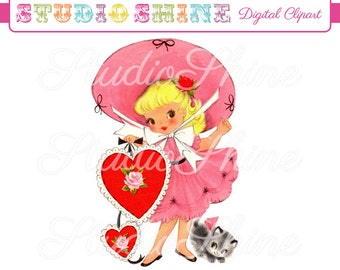 Vintage Digital Clipart - Girl with Rose Heart - Little Girl Clip art for scrapbooking, party invitations - Instant Download Commercial Use
