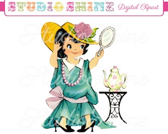Vintage Digital Clipart - Playing Dress Up 02 - Printable Image Cute Little Girl Clip Art - Instant Download Personal and Commercial Use