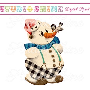 Clipart digital vintage - Boneco de neve e pássaro - Clip Art fofo Download instantâneo Imagem para impressão Uso pessoal e comercial