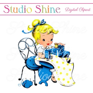 Vintage digitale Clipart - meisje naaien - afdrukbare afbeelding schattig klein meisje illustraties - Instant Download persoonlijk en commercieel gebruik
