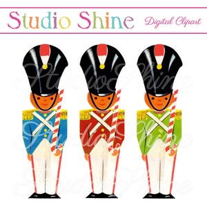 May include: Three vintage toy soldier illustrations. Each soldier is wearing a different colored uniform: blue, red, and green. Each soldier is holding a candy cane.