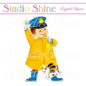 Puede incluir: Ilustración vintage de un niño vestido de policía, con un impermeable amarillo, botas azules y un sombrero azul. El niño está soplando un silbato, con un perro pequeño saltando cerca. La imagen incluye el texto "Studio Shine Digital Clipart".