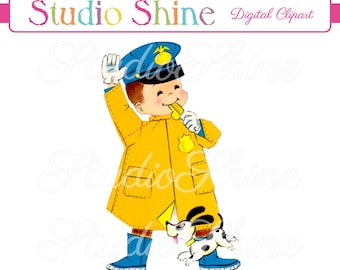 May include: A vintage illustration of a child dressed as a police officer, wearing a yellow raincoat, blue boots, and a blue hat. The child is blowing a whistle, with a small dog jumping nearby. The image includes the text "Studio Shine Digital Clipart".