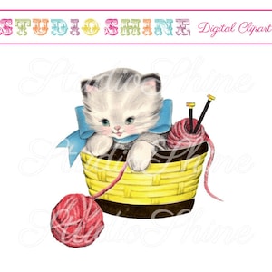 Vintage Digital Clipart - Kitten in Korb - Cute ClipArt für Party-Einladungen, Aufkleber, Visitenkarten - Instant Download kommerzielle Nutzung