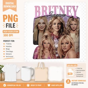 Può includere: Un file grafico digitale che presenta un collage di cinque ritratti di Britney Spears con il testo Britney Spears in lettere viola. Il design include varie acconciature e abiti, su uno sfondo viola con effetti di fulmini.