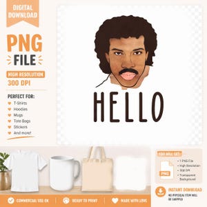 May include: A digital graphic file featuring a stylized illustration of a person with dark curly hair and a mustache, positioned above the word HELLO in a bold, dark sans-serif font. The design is presented on a white background.