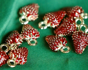 Strawberry Charm | Red Enamel Strawberry | Red Gold Charm | Fruit Charm For Bracelet | Strawberry Pendant | Colored Enamel Charms | 3d Charm
