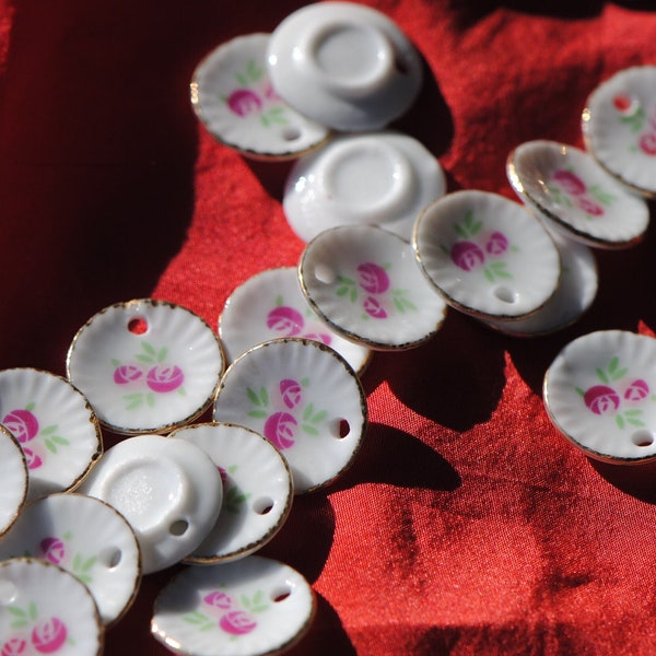 Miniature Pink Porcelain Teacup Saucer Pendants | Famille Rose Charms | Floral Pattern Charm | Tea Set Charm in White, Pink, and Gold