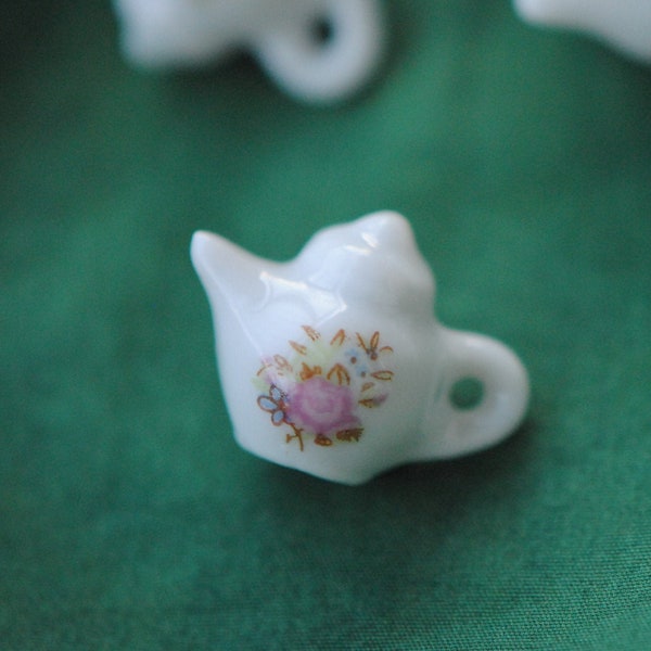 Porcelain Teapot Charm with Pink Floral Design for Bracelets, Earrings, Necklaces