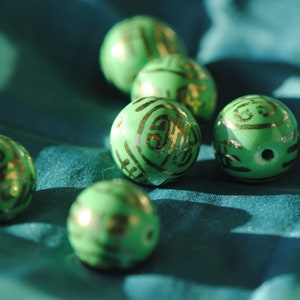 Gold and Green Longevity Beads, 14mm Porcelain Beads, Chinoiserie Beads