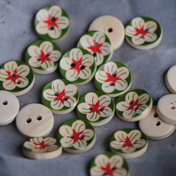 Wood Buttons with Printed Design | 15mm Wooden Button | Red Green Button | Floral Button | Flower Design | Lightweight Buttons | Star Design