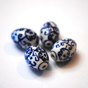 Hand Painted Beads | Floral Beads | Chinoiserie Oval Beads | Porcelain Oval Beads | 18mm Bead | Blue China Beads | Ceramic Focal Beads