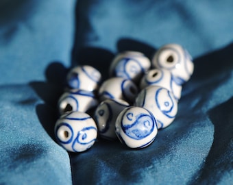 Hand Painted Yin Yang Beads | 12mm Porcelain Beads | Blue Chinese Porcelain Beads | Taiji symbol beads | Chinoiserie Beads | Asian inspired
