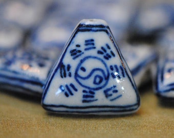 Ceramic Triangle Bead | Yin Yang Beads | Blue Porcelain Bead | Focal Bead | Meditation Beads | Taiji Beads | Daoist Beads | Blue China Beads