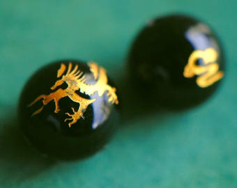 Cuentas de dragón chino / Cuentas de vidrio negro chapadas en oro de 14 k de 8 mm y 12 mm / Cuentas tradicionales chinas / Cuentas asiáticas / Cuentas de dragón / Cuentas de oro de 14 k