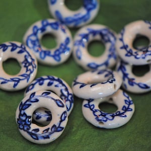 Handmade Floral Doughnut Beads | Donut Beads | 18mm Beads | Hand Painted Beads Blue Porcelain Bead | Wedding Beads | Loose Beads for Making