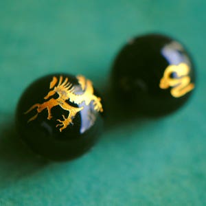 Chinese Dragon Beads | 14k Gold Plated Black Glass Beads 8mm 12mm | Traditional Chinese Beads | Asian Beads | Dragon Beads | 14k Gold Bead