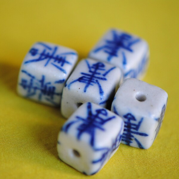Ceramic Cube Beads | Blue and White Porcelain Cube Beads | Longevity Cube Beads | Chinese Character | Square China Beads | Chinoiserie Beads