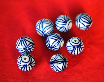 14mm Ceramic Beads | Hand Painted China Beads | 2mm Hole Beads | Blue China Bead | Asian Porcelain Bead | Large Ceramic Bead | Japanese Bead