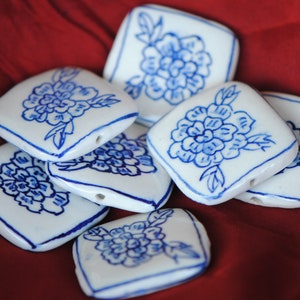 Square Porcelain Bead | Hand Painted Bead | Square Chinoiserie | Peony Bead | Chinese Floral Bead | Blue and white | 35mm Beads | 1 1/3 inch