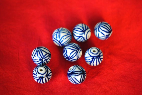14mm Ceramic Beads | Hand Painted China Beads | 2mm Hole Beads | Blue China Bead | Asian Porcelain Bead | Large Ceramic Bead | Japanese Bead