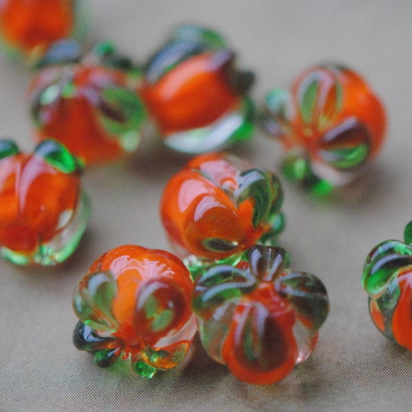 Glass Persimmon Beads | Fruit Beads | Orange and Green Glass Beads | 14mm Beads | Food Themed Jewelry Making | Lampwork Beads for Earrings