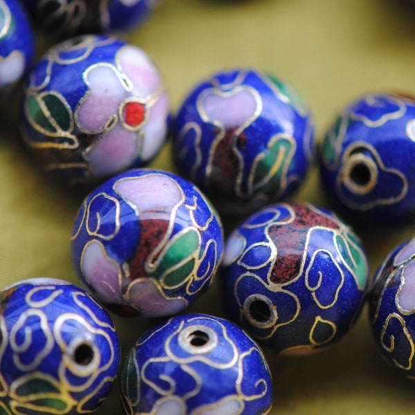 12mm Blue Cloisonne Beads | Floral Cloisonne Beads | Smooth Cloisonne Beads | Blue Chinoiserie 12mm Beads | Enamel Beads | Traditional Bead