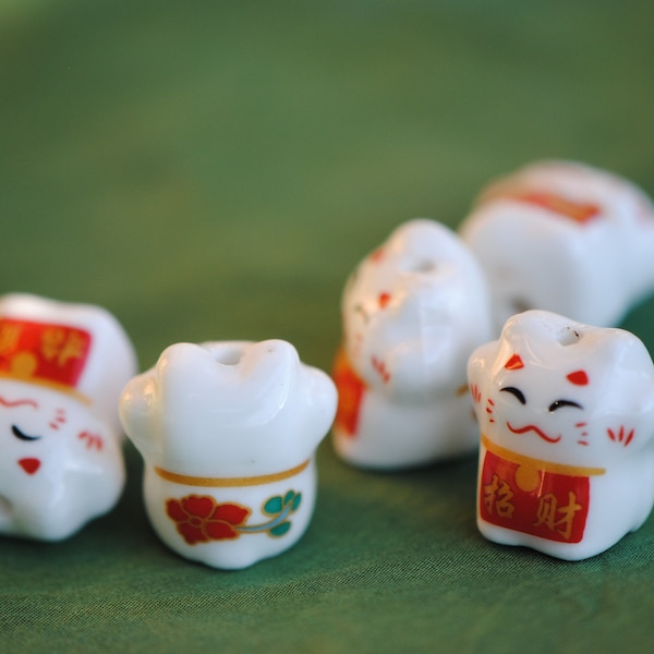 Porcelain Cat Beads | 16mm Beads | Animal Figure Beads | Red and White | Kawaii Beads | Cute Beads | Cute Porcelain Beads | Chinese New Year