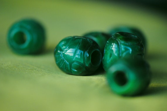 Chinese Jade Beads | Jade Barrel Beads | Green Jade Beads | Green Chinoiserie Beads | 15mm Jade Beads | Green Gem Beads | Carved Beads